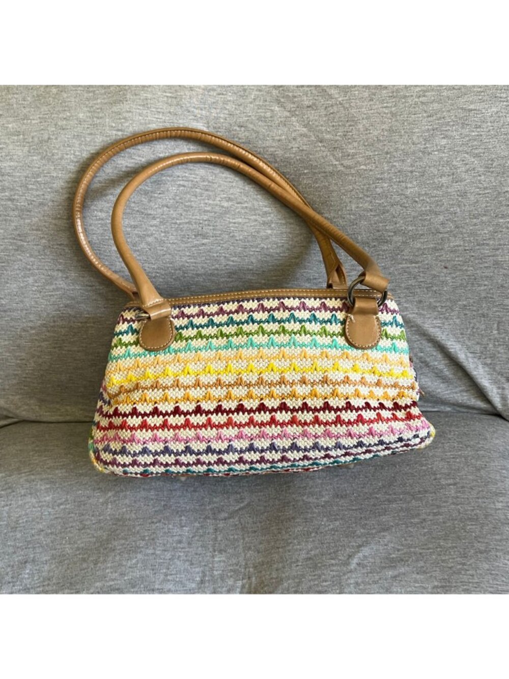 Rainbow Woven Tote Bag With Tan Faux Leather Trim & Double Handles - Picture 2 of 6
